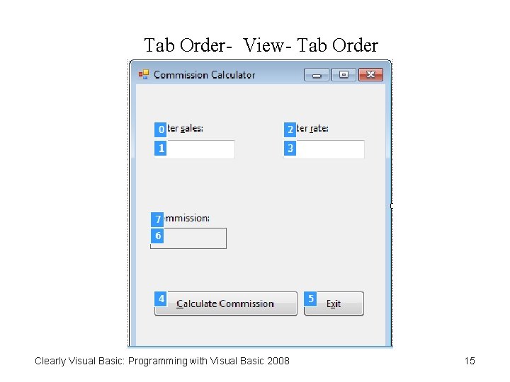 Tab Order- View- Tab Order Clearly Visual Basic: Programming with Visual Basic 2008 15