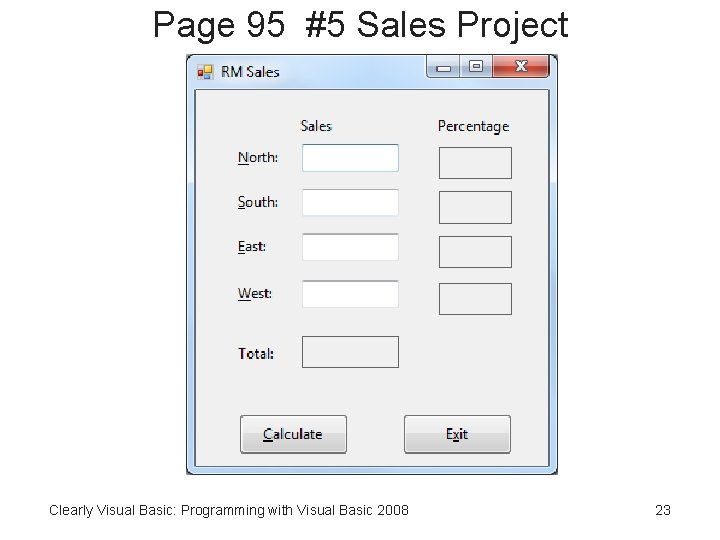 Page 95 #5 Sales Project Clearly Visual Basic: Programming with Visual Basic 2008 23