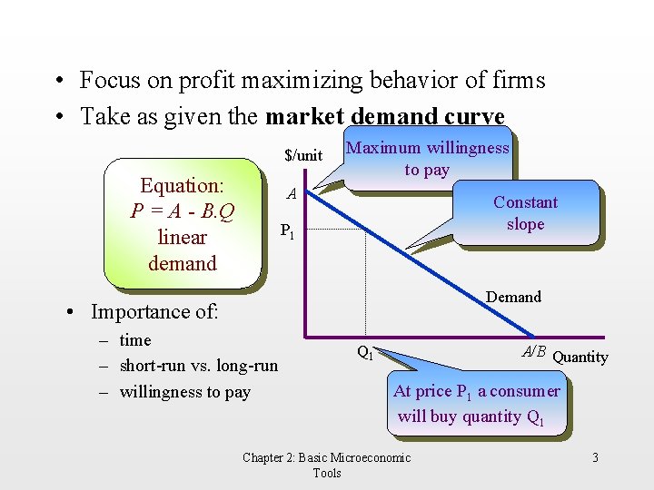  • Focus on profit maximizing behavior of firms • Take as given the