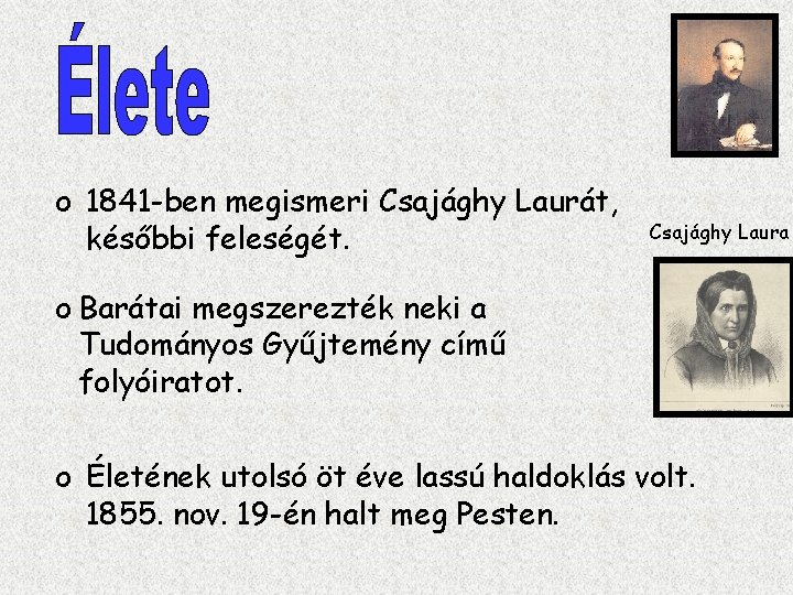 o 1841 -ben megismeri Csajághy Laurát, későbbi feleségét. Csajághy Laura o Barátai megszerezték neki