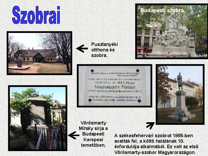 Budapesti szobra. Pusztanyéki otthona és szobra. Vörösmarty Mihály sírja a Budapesti Kerepesi temetőben. A