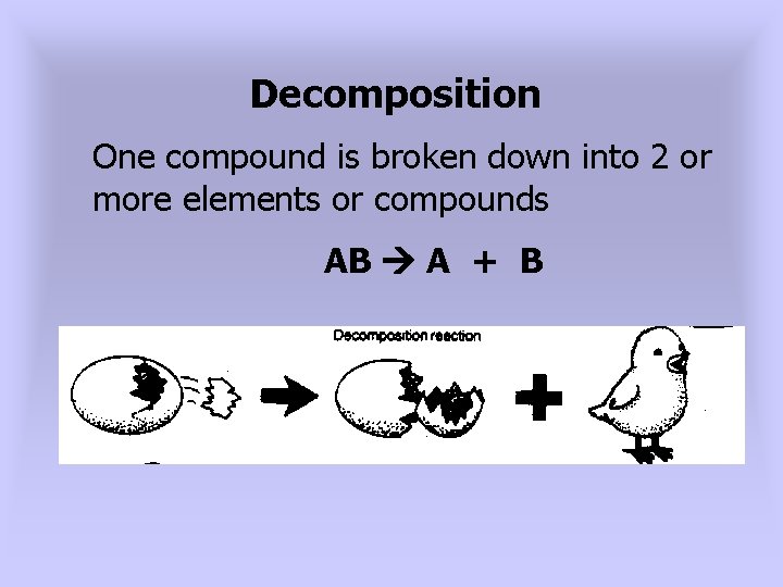 Decomposition One compound is broken down into 2 or more elements or compounds AB