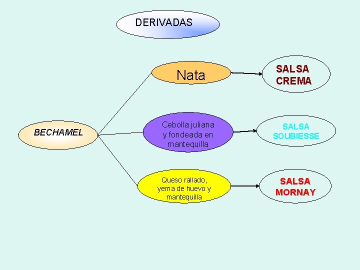 DERIVADAS Nata BECHAMEL Cebolla juliana y fondeada en mantequilla Queso rallado, yema de huevo