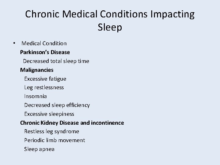 Chronic Medical Conditions Impacting Sleep • Medical Condition Parkinson’s Disease Decreased total sleep time