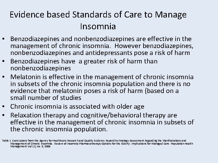 Evidence based Standards of Care to Manage Insomnia • Benzodiazepines and nonbenzodiazepines are effective