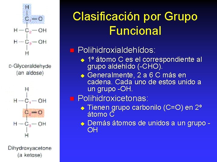 Clasificación por Grupo Funcional n Polihidroxialdehídos: u u n 1º átomo C es el