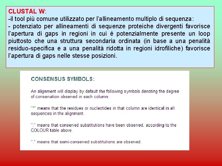 CLUSTAL W: -il tool più comune utilizzato per l’allineamento multiplo di sequenza: - potenziato