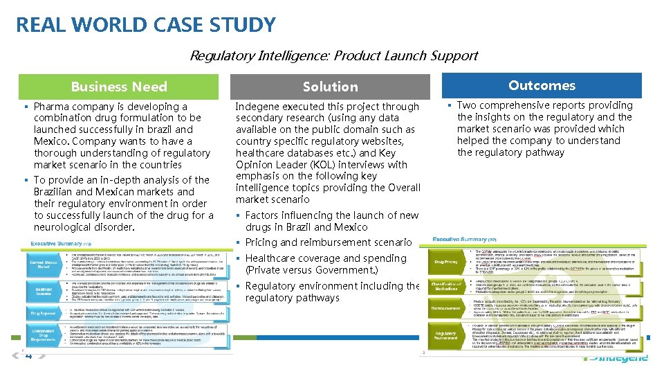 REAL WORLD CASE STUDY Regulatory Intelligence: Product Launch Support Business Need Solution Outcomes §