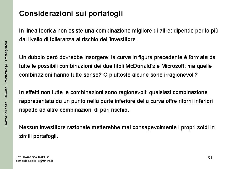 Considerazioni sui portafogli Finanza Aziendale – Bologna – Informatica per il management In linea