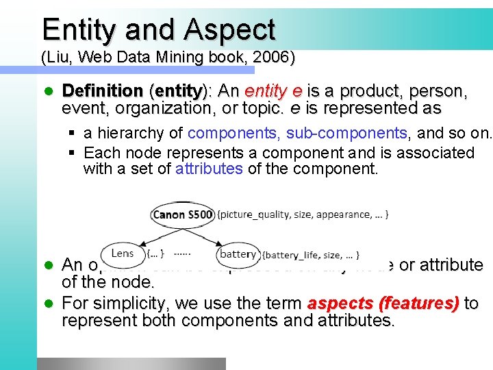 Entity and Aspect (Liu, Web Data Mining book, 2006) l Definition (entity): An entity