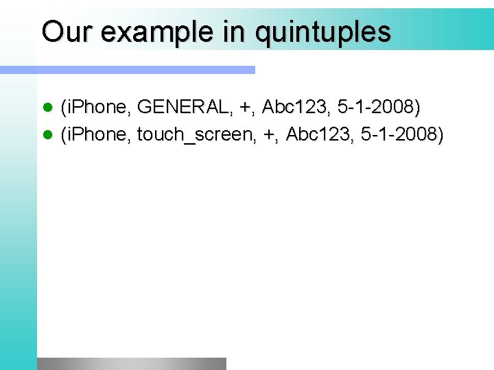 Our example in quintuples (i. Phone, GENERAL, +, Abc 123, 5 -1 -2008) l