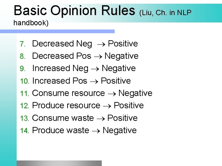 Basic Opinion Rules (Liu, Ch. in NLP handbook) Decreased Neg Positive 8. Decreased Pos