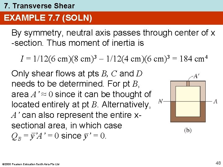 7. Transverse Shear EXAMPLE 7. 7 (SOLN) By symmetry, neutral axis passes through center 7. Transverse Shear EXAMPLE 7. 7 (SOLN) By symmetry, neutral axis passes through center