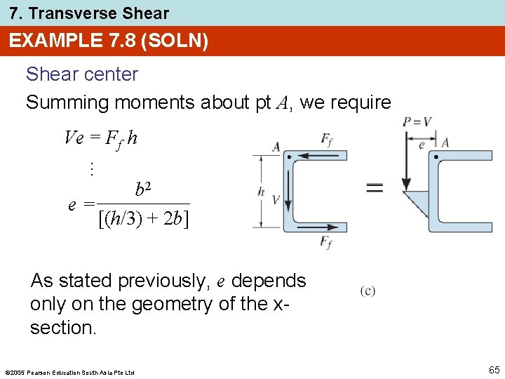 7. Transverse Shear EXAMPLE 7. 8 (SOLN) Shear center Summing moments about pt A, 7. Transverse Shear EXAMPLE 7. 8 (SOLN) Shear center Summing moments about pt A,