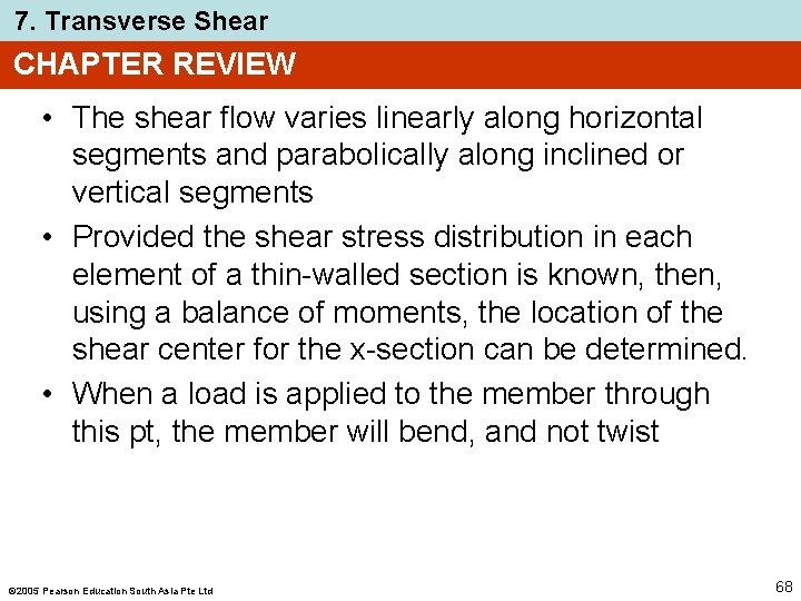 7. Transverse Shear CHAPTER REVIEW • The shear flow varies linearly along horizontal segments 7. Transverse Shear CHAPTER REVIEW • The shear flow varies linearly along horizontal segments