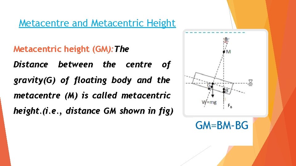 Metacentre and Metacentric Height Metacentric height (GM): The Distance between the centre of gravity(G) Metacentre and Metacentric Height Metacentric height (GM): The Distance between the centre of gravity(G)