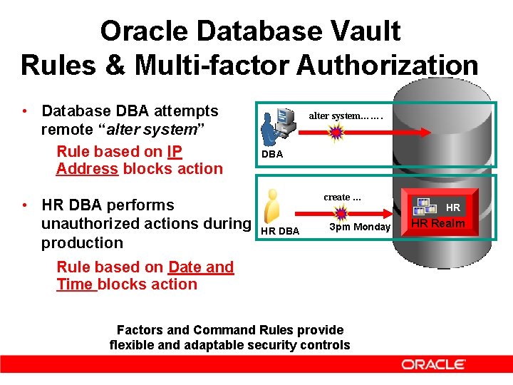 Oracle Database Vault Rules & Multi-factor Authorization • Database DBA attempts remote “alter system”