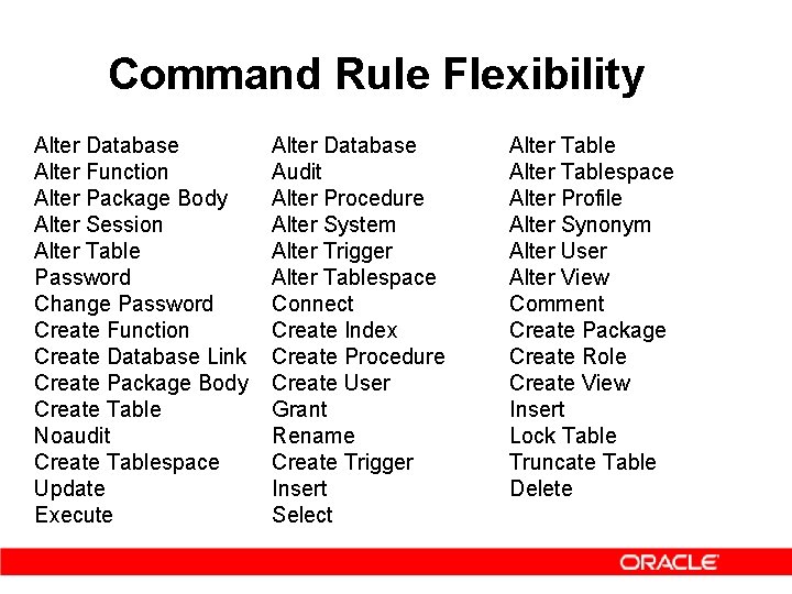 Command Rule Flexibility Alter Database Alter Function Alter Package Body Alter Session Alter Table