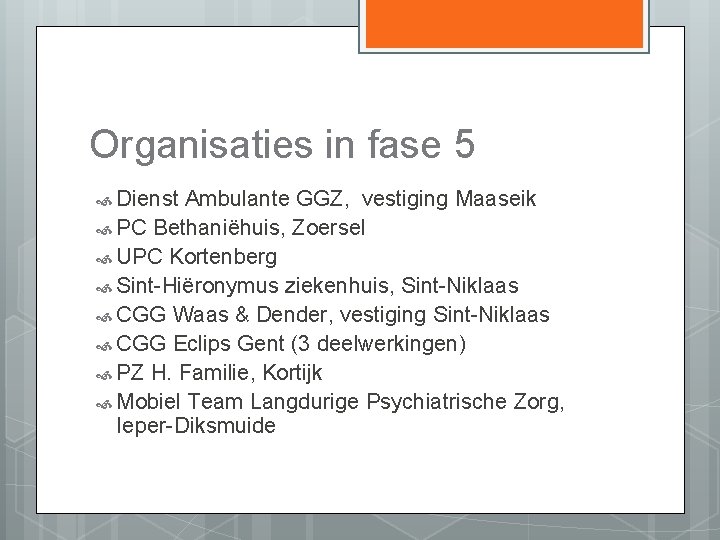 Organisaties in fase 5 Dienst Ambulante GGZ, vestiging Maaseik PC Bethaniëhuis, Zoersel UPC Kortenberg
