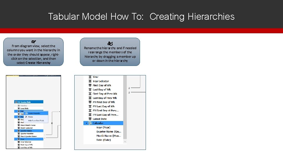 Tabular Model How To: Creating Hierarchies j From diagram view, select the columns you