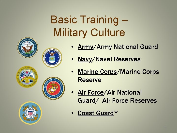 Basic Training – Military Culture • Army/Army National Guard • Navy/Naval Reserves • Marine