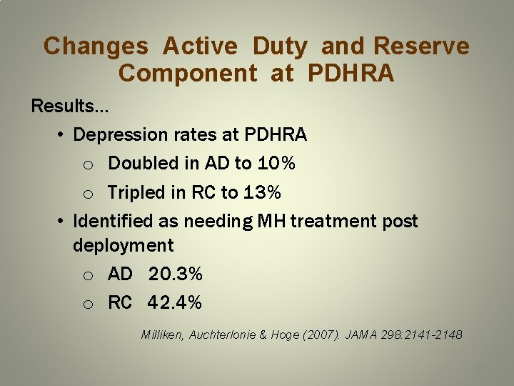 Changes Active Duty and Reserve Component at PDHRA Results… • Depression rates at PDHRA