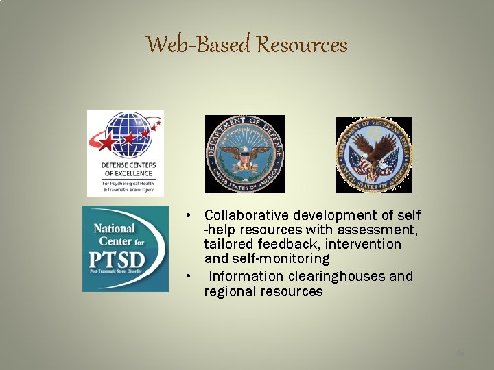 Web-Based Resources • Collaborative development of self -help resources with assessment, tailored feedback, intervention