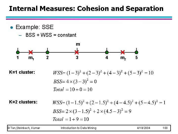 Internal Measures: Cohesion and Separation l Example: SSE – BSS + WSS = constant Internal Measures: Cohesion and Separation l Example: SSE – BSS + WSS = constant