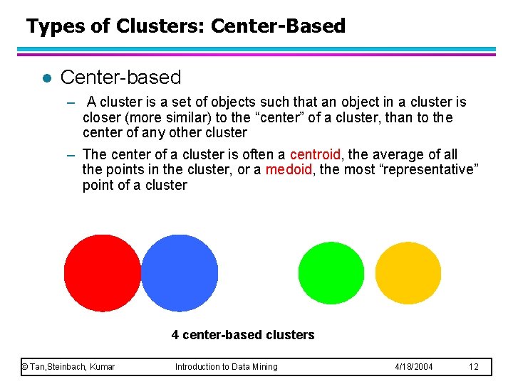 Types of Clusters: Center-Based l Center-based – A cluster is a set of objects