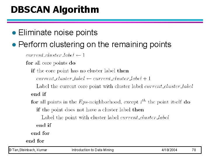 DBSCAN Algorithm Eliminate noise points l Perform clustering on the remaining points l © DBSCAN Algorithm Eliminate noise points l Perform clustering on the remaining points l ©