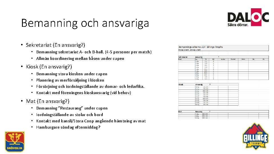 Bemanning och ansvariga • Sekretariat (En ansvarig? ) • Bemanning sekretariat A- och B-hall.