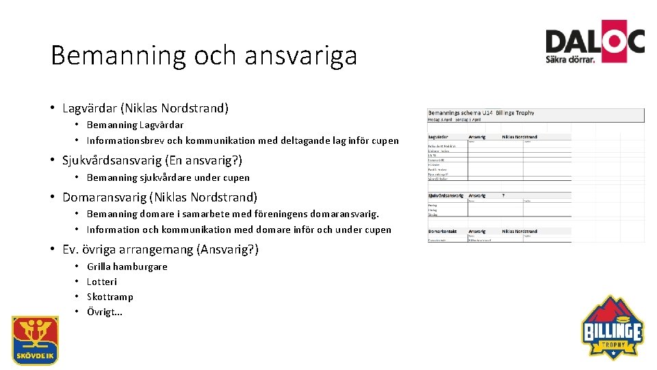 Bemanning och ansvariga • Lagvärdar (Niklas Nordstrand) • Bemanning Lagvärdar • Informationsbrev och kommunikation