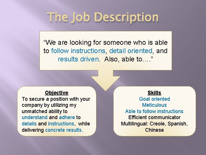 The Job Description “We are looking for someone who is able to follow instructions,