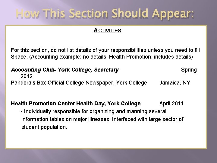 How This Section Should Appear: ACTIVITIES For this section, do not list details of How This Section Should Appear: ACTIVITIES For this section, do not list details of