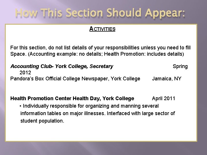 How This Section Should Appear: ACTIVITIES For this section, do not list details of