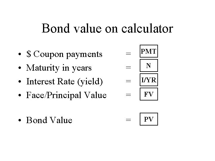 Bond value on calculator • • $ Coupon payments Maturity in years Interest Rate