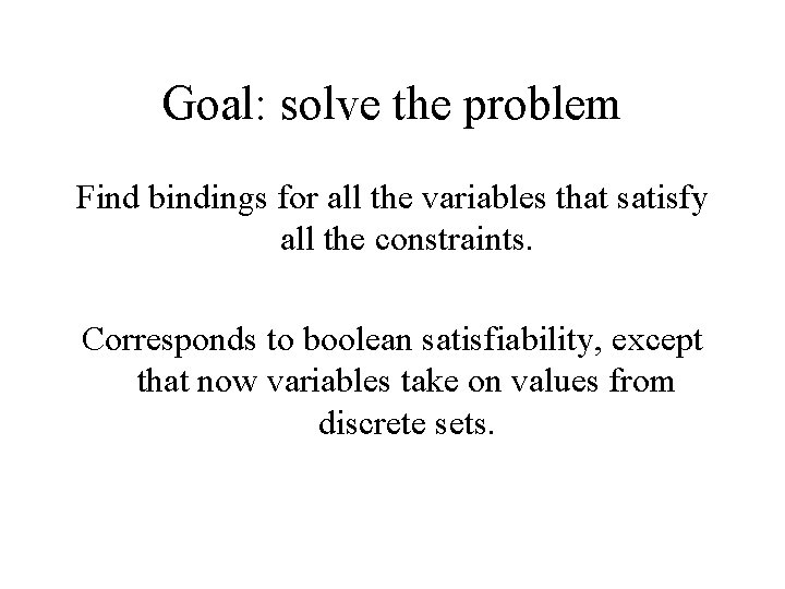 Goal: solve the problem Find bindings for all the variables that satisfy all the