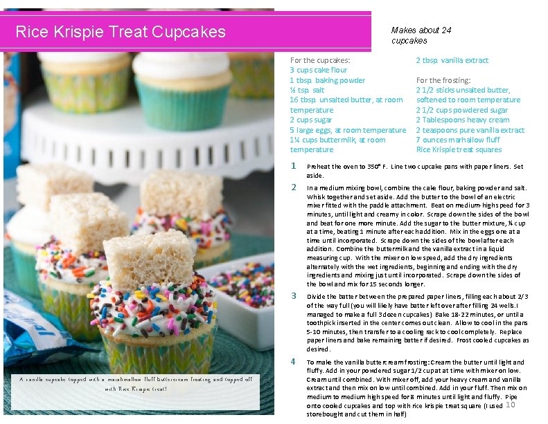 Rice Krispie Treat Cupcakes Makes about 24 cupcakes For the cupcakes: 3 cups cake