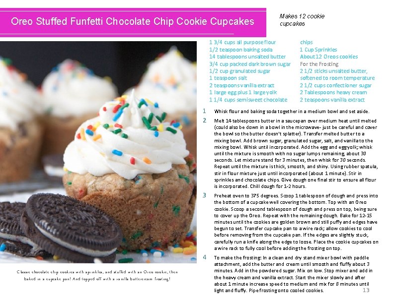 Oreo Stuffed Funfetti Chocolate Chip Cookie Cupcakes Makes 12 cookie cupcakes 1 3/4 cups