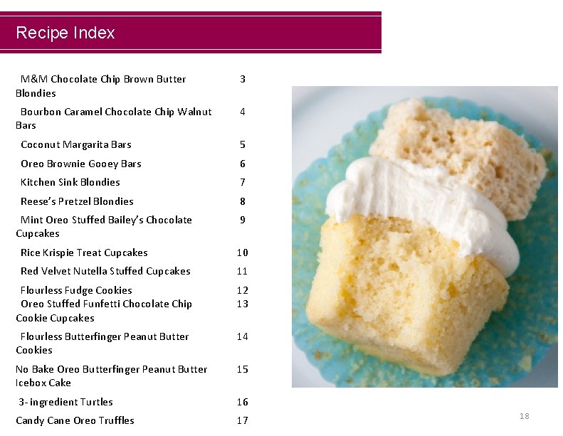 Recipe Index M&M Chocolate Chip Brown Butter Blondies 3 Bourbon Caramel Chocolate Chip Walnut