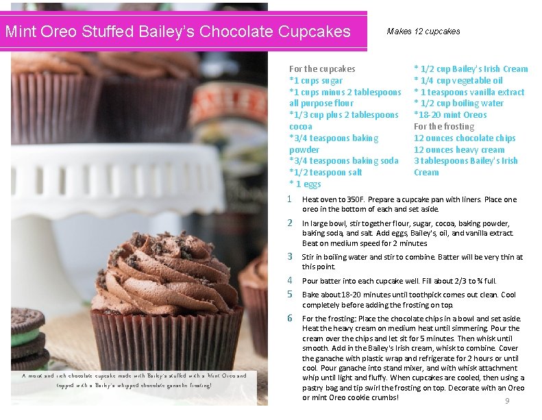 Mint Oreo Stuffed Bailey’s Chocolate Cupcakes Makes 12 cupcakes For the cupcakes *1 cups