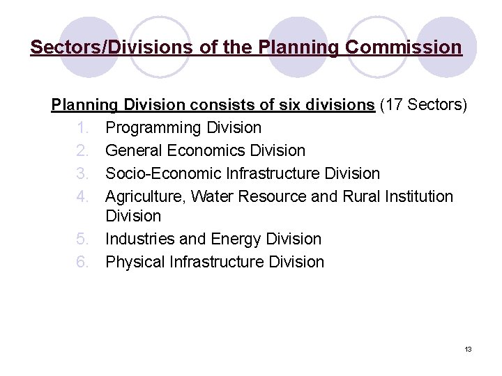 Sectors/Divisions of the Planning Commission Planning Division consists of six divisions (17 Sectors) 1.