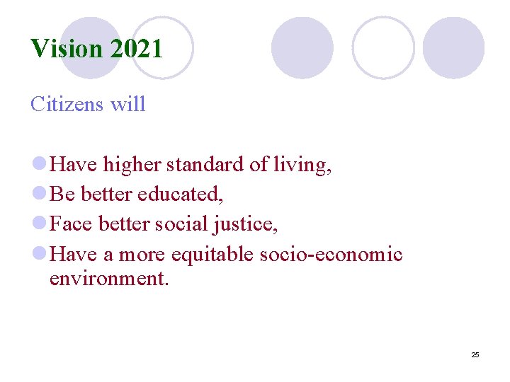 Vision 2021 Citizens will l Have higher standard of living, l Be better educated,