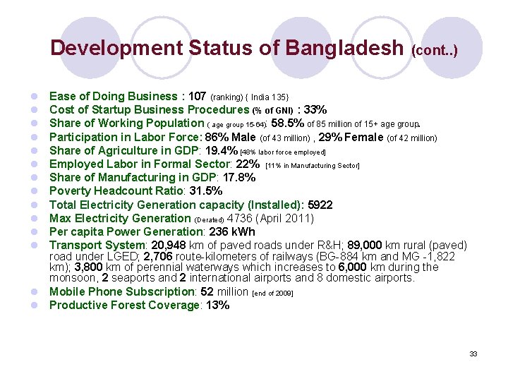 Development Status of Bangladesh (cont. . ) l l l Ease of Doing Business