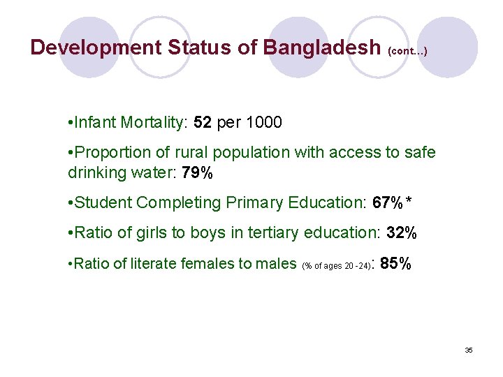 Development Status of Bangladesh (cont…) • Infant Mortality: 52 per 1000 • Proportion of