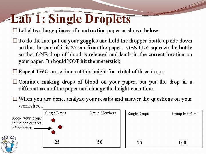 Lab 1: Single Droplets � Label two large pieces of construction paper as shown