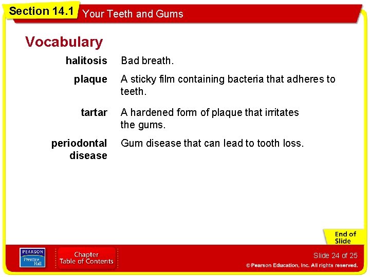 Section 14. 1 Your Teeth and Gums Vocabulary halitosis plaque tartar periodontal disease Bad