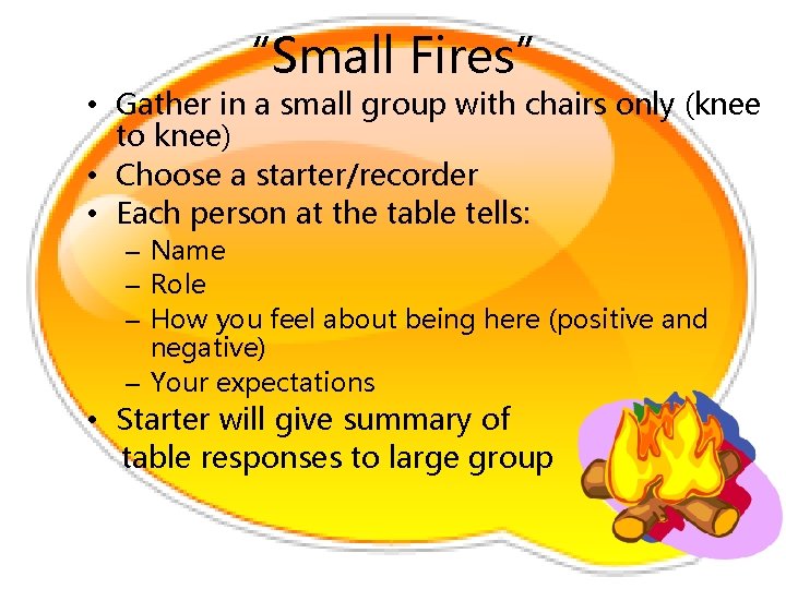 “Small Fires” • Gather in a small group with chairs only (knee to knee)