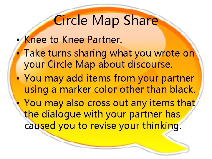 Circle Map Share • Knee to Knee Partner. • Take turns sharing what you