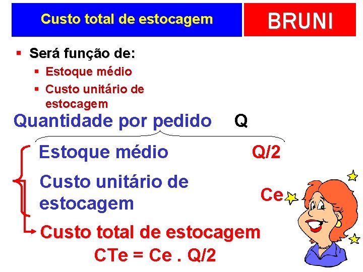 BRUNI Custo total de estocagem § Será função de: § Estoque médio § Custo